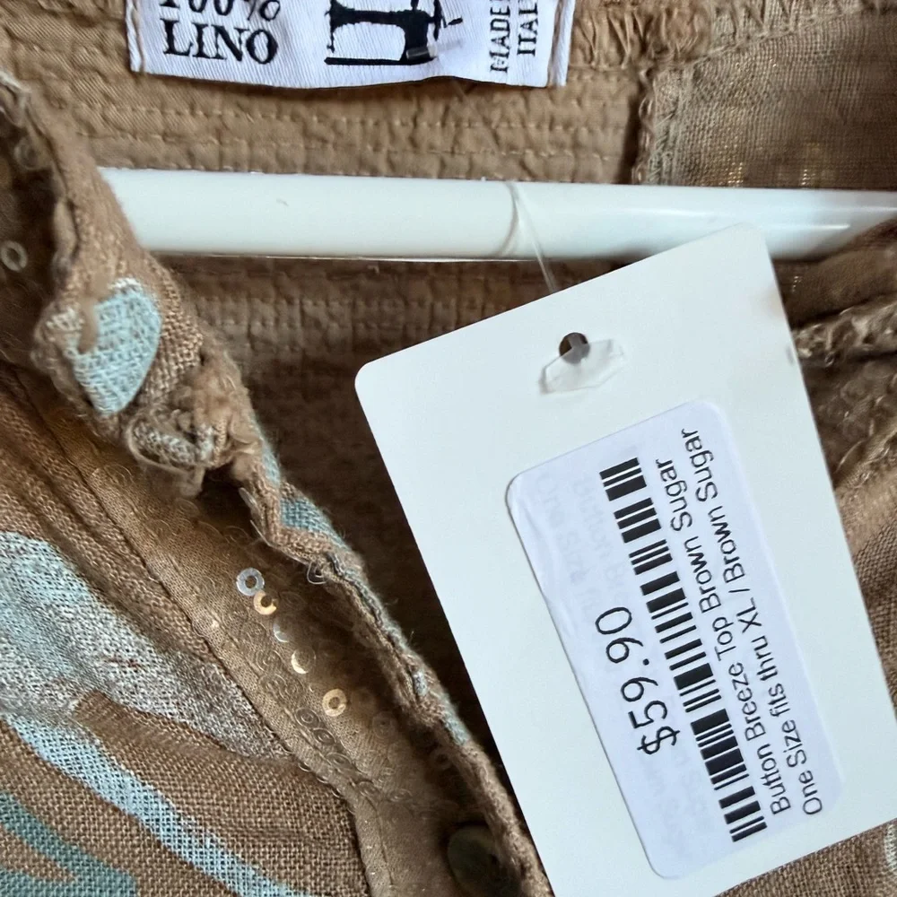 100% Lino NWT Button Breeze Top Brown Sugar One Size fits- XL 100% linen. - Picture 5 of 11